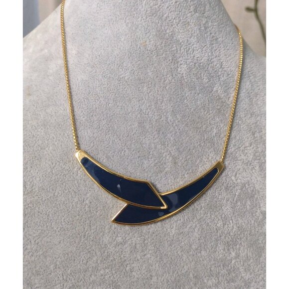 Vintage Monet Enamel Gold Tone Necklace Navy Signed Statement Estate - Picture 1 of 6